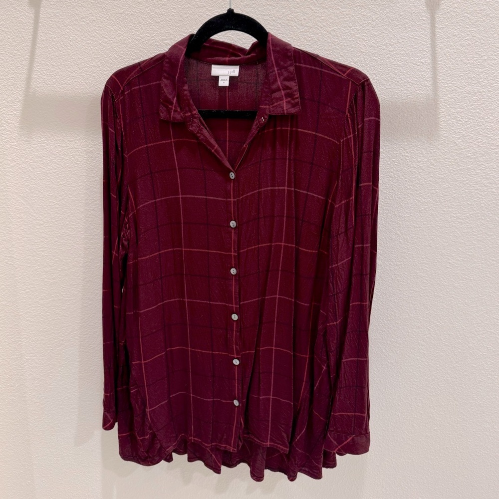 J. Jill Women's Burgundy Button-Up Top plaid size medium